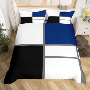 Erosebridal Геометрический абстрактный комплект постельного белья сине-белый в полоску с квадратной сеткой в стиле минимализм, Blue White Black