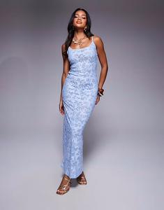 ASOS DESIGN платье миди с квадратным вырезом и прозрачным лифом Devore синего цвета