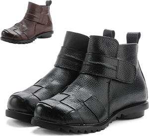 Женские кожаные плюшевые ботильоны на липучке, зимние комфортные с нескользящей мягкой подошвой, повседневные теплые высокие короткие ботинки, модные ретро ботинки на низком каблуке с круглым носком ETORYOOX, Black-Plush