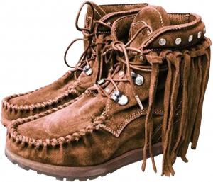 Ctreela Ковбойские сапоги с бахромой для женщин, западные ковбойские сапоги с носком мокасин, рабочие ботинки на танкетке, повседневные замшевые ботинки на шнуровке, плоские лоферы