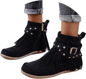 Женские западные ковбойские сапоги, бахрома, искусственная замша, ретро, округлый носок, ремешок с пряжкой, ретро, осенне-зимние ботильоны, низкий каблук, плоская подошва, ботильоны с кисточками Generic, 2-Black