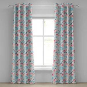 Винтажная штора на люверсах ABAKUHAUS, цветочный узор, розы, винтажные чайники, чаши, листья на синем фоне. Декоративные двухпанельные шторы, 280 см x 245 см, нежно-голубой, светло-розовый. Abakuhaus