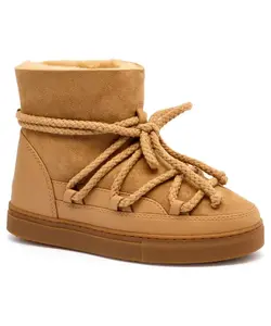 Женские зимние ботинки Inuikii комбинированные на шнуровке, светло-коричневый