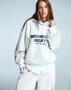 Толстовка Bershka Oversize с принтом светло-серого цвета