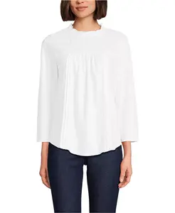 Женский топ из хлопка с рукавами 3/4 и кружевной отделкой Lands' End, белый