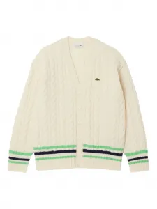Кардиган с кабельной вязкой и полосатыми деталями Lacoste, белый