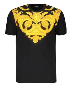 Хлопковая футболка в рубчик с принтом на передней части. Versace, черный