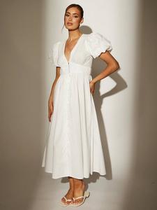 Платье миди с пышными рукавами и пуговицами South Beach, White