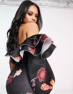 Платье миди с объемными рукавами и зимним цветочным принтом ASOS