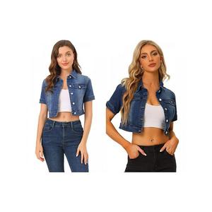 2 упаковки женской джинсовой куртки-кроп с короткими рукавами на пуговицах Inspire Chic, Dark Blue Blue