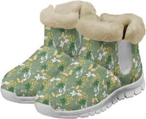 Женские зимние ботинки без застежки с теплой меховой подкладкой, короткие уличные ботинки с цветочным принтом, противоскользящие, на щиколотку, размер US6-12 Qoiuvncy, Butterflies Wildflowers