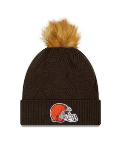 Женская коричневая вязаная шапка Cleveland Browns Snowy с манжетами и помпоном New Era