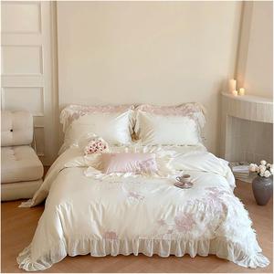 YUSIWOAL Комплект постельного белья для невесты принцесса 1000TC хлопок с цветочной вышивкой и кружевными рюшами