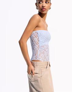 Боди Bershka Blonde с кружевом и вырезом-бандо светло-голубого цвета