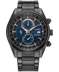 Мужские часы Eco-Drive Chronograph Sport Luxury с радиоуправлением, черный корпус из нержавеющей стали, браслет, 43 мм Citizen