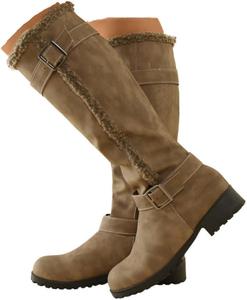 Женские зимние сапоги HINDOLA средней длины до середины икры, теплые снежные сапоги с низким каблуком, высокие сапоги для верховой езды, до колена, с пряжкой, противоскользящая подошва, рыцарские сапоги для женщин, 9.5 Khaki