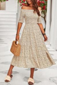 Бохо платье с цветочным принтом, открытыми плечами и рюшами по подолу TRUEDAMES, Apricot