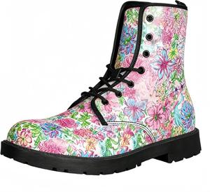 Женские короткие ботинки с принтом на шнуровке, с широким каблуком, боевые ботильоны для девушек и женщин, осенние и зимние, с рисунком роз, черепов, бабочек и мультяшных узоров Maimeili, Tropical Rainforest 2