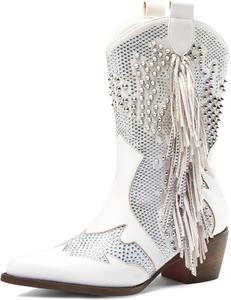 Женские ботильоны Tsrenlmln с заостренным носком, ботинки с камнями, массивным каблуком, заклепками, вестерн-стиль, с кисточками, женские ковбойские ботиночки, без шнуровки, короткие ботинки, White