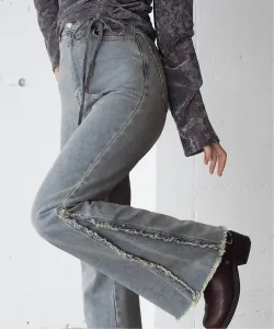 Отличные джинсы с расклешенной талией и боковой бахромой [Регулируемая талия/2 размера в наличии]