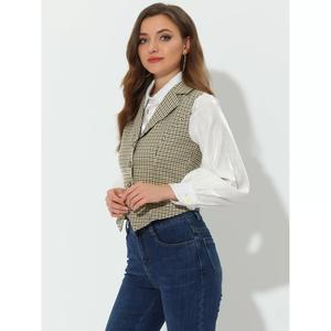 Женский клетчатый жилет с зубчатым воротником и лацканами, однобортный винтажный жилет ALLEGRA K, зеленый