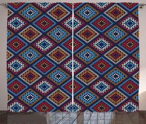 Штора ABAKUHAUS в ацтекском деревенском стиле, народные мотивы в ярких цветах, универсальные ленточные шторы для гостиной с петлями и крючками, 280 x 225 см, темно-синий, многоцветный Abakuhaus