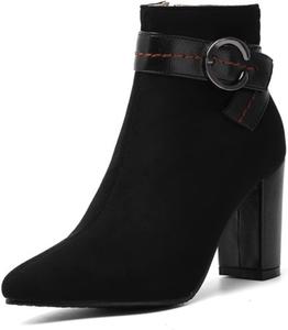 Женские замшевые ботильоны на высоком каблуке с широким каблуком, ремешком с пряжкой и боковой молнией, модные осенне-зимние короткие сапоги WOkismD, 41 Black