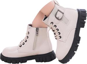 Девочкам однотонные ботильоны на зиму, модные с боковой молнией, шнуровкой, камуфляжного стиля, удобные короткие ботинки на открытом воздухе, кожаные, для езды, панк/готический стиль, с протекторной подошвой для маленьких детей Generic, White