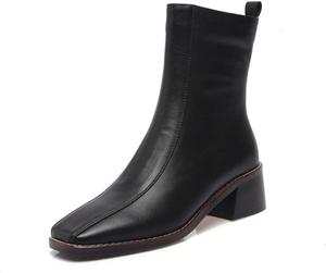 Женские сапоги TinaCus из натуральной кожи с квадратным носком, боковой молнией, ручной работы, невысоким массивным каблуком и средней высоты голенища, Black