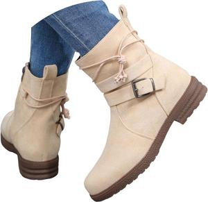 Мотоциклетные ботинки для женщин, удобные замшевые ботильоны до середины голени, черные байкерские ботинки с низким устойчивым каблуком, Generic