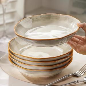 Ceramics Премиальная керамическая рисовая пиала для дома, стильная тарелка для еды 2025, подглазурная цветная посуда, 20 см суповые тарелки с каменным узором, набор из 6 штук