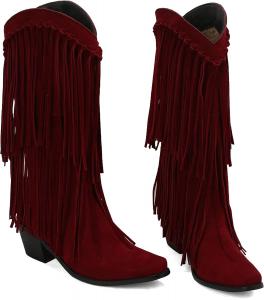 IYZXZYI Женские розовые замшевые сапоги Fringe, высокие сапоги вестерн с кисточками, заостренный носок, модные слипоны