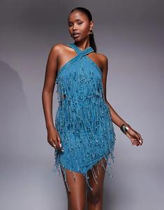 Мини-платье ASOS DESIGN с декоративным лифом, вырезом на талии и острым подолом синего цвета