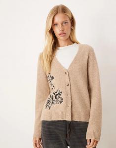 Кардиган ASOS DESIGN с цветочной вышивкой из шерсти цвета экрю