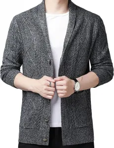 Мужской однотонный вязаный кардиган с шалью и длинными рукавами