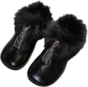 Детские плюшевые ботильоны на щиколотку для девочек, из искусственной кожи, с низким каблуком, зимние ботинки с молнией, теплые, противоскользящие и удобные Generic, Black