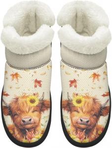 Женские удобные ортопедические зимние ботинки с поддержкой свода стопы, зимние снежные ботинки с мехом, на мягкой подошве EVA, пушистые ботинки Chririnla, Maple Leaf Highland Cow