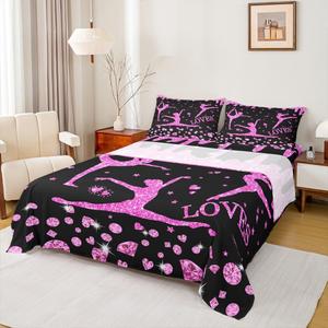 Erosebridal Комплект постельного белья Gymnastics для девочек с черно-розово-фиолетовыми блестками и стразами в виде сердец и звезд, Multi 14