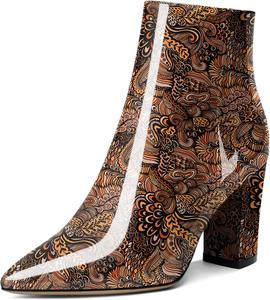 Женские ботильоны AUMOTED с высокой шнуровкой, массивным каблуком, заостренным носком, мехом, короткой моделью на молнии, классические ботинки на каблуке 3,4 дюйма, Patent Flower Brown