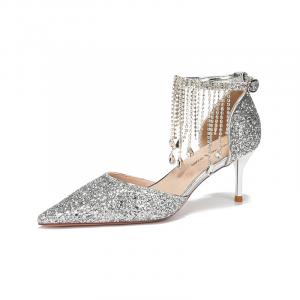 Женские туфли на тонком каблуке и высоком каблуке QITUMAUL, Silver[Heel Height 6.5Cm]