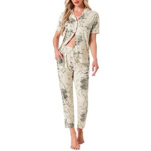 Женский комплект с брюками из тенсела с цветочным принтом и коротким рукавом Inspire Chic, Beige Ink Wash