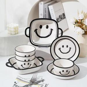 Ceramics Набор керамической посуды с подглазурным декором, стильные высококачественные обеденные миски, утолщенные термостойкие ложки, 6 предметов - Smiley Face