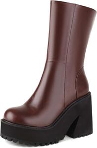 Женские ботинки на платформе с круглым носком, молнией и массивным каблуком, боевые ботильоны, модные панк-ботинки на щиколотку Generic, Dark Brown