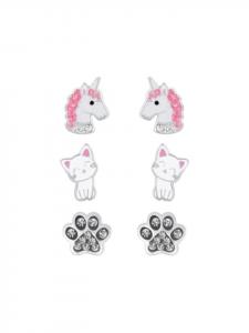 Alexander York Серьги-гвоздики, набор из 3 штук: кошка, лапка, единорог, серебро 925 пробы