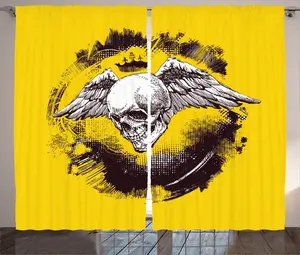 Шторы ABAKUHAUS Tattoo Rustic, с изображением крыла ангела-смерти и черепа, универсальные ленточные шторы для гостиной с петлями и крючками, 280 x 245 см, желто-черно-белые