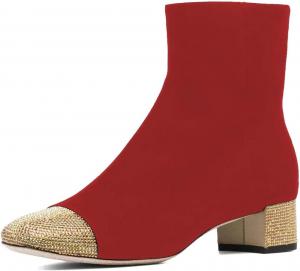 Женские ботильоны FYS с заклепками и стразами, носок с капюшоном, двухцветные, с низким устойчивым каблуком, короткие ботинки с боковой молнией, модные туфли для вечеринок и выпускных, размеры 4-16 US, Red-Gold