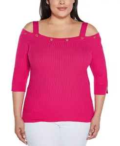 Черный свитер с открытыми плечами и отделкой стразами и люверсами размера плюс Belldini, розовый