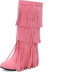 IYZXZYI Женские розовые замшевые сапоги Fringe, высокие сапоги вестерн с кисточками, заостренный носок, модные слипоны