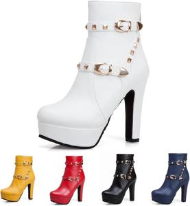 LOVEHEYNEW Женские ботильоны на высоком каблуке с заклепками, платформой и задней молнией, с модным ремешком, удобным круглым носком, для вечерних платьев