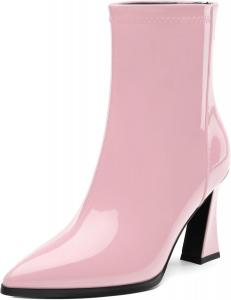 Женские ботинки с острым носком на высоком каблуке, укороченные ботильоны с боковой молнией, модные короткие ботинки из искусственной лакированной кожи для женщин RLYGHWAO, Pink Patent